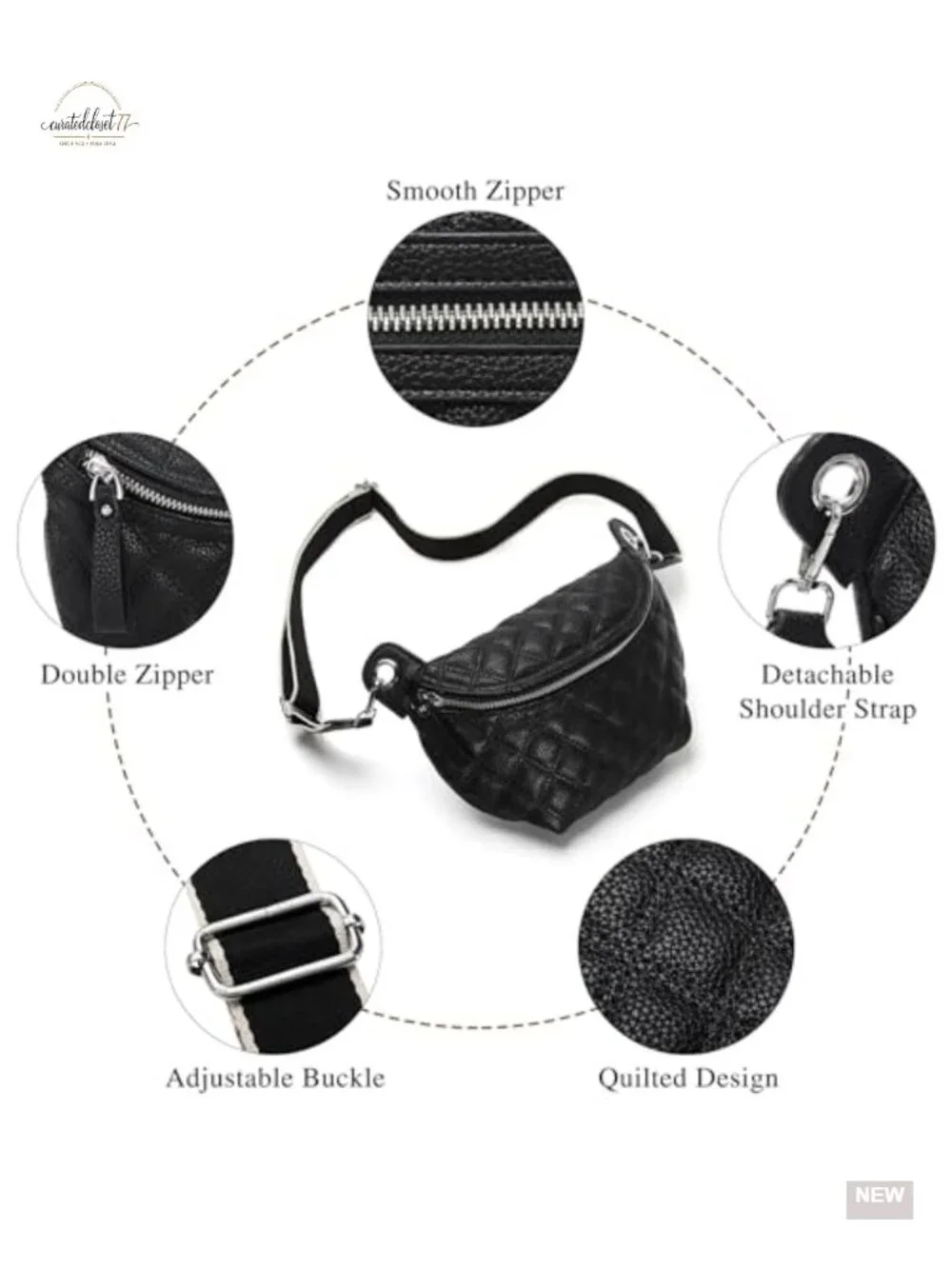 Quilted Vegan Leather Crossbody Waist Pack with Adjustable Belt, Small Fanny